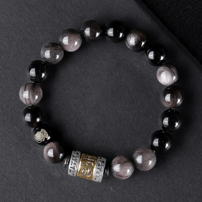 Buddha Stones Argento Naturale Lucentezza Ossidiana Occhio di Tigre Sei Vere Parole 'om Mani Padme Hum' Braccialetto della Forza