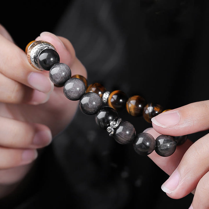 Buddha Stones Argento Naturale Lucentezza Ossidiana Occhio di Tigre Sei Vere Parole 'om Mani Padme Hum' Braccialetto della Forza