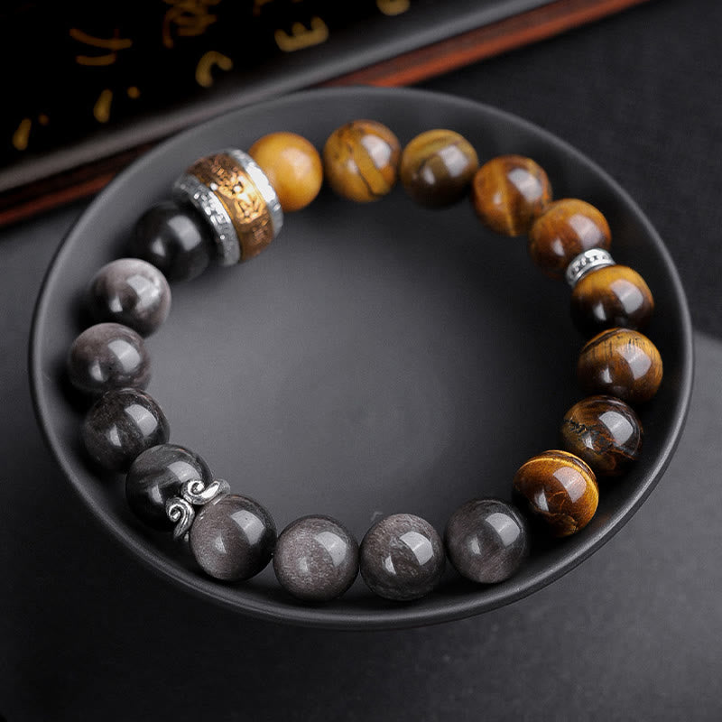 Buddha Stones Argento Naturale Lucentezza Ossidiana Occhio di Tigre Sei Vere Parole 'om Mani Padme Hum' Braccialetto della Forza