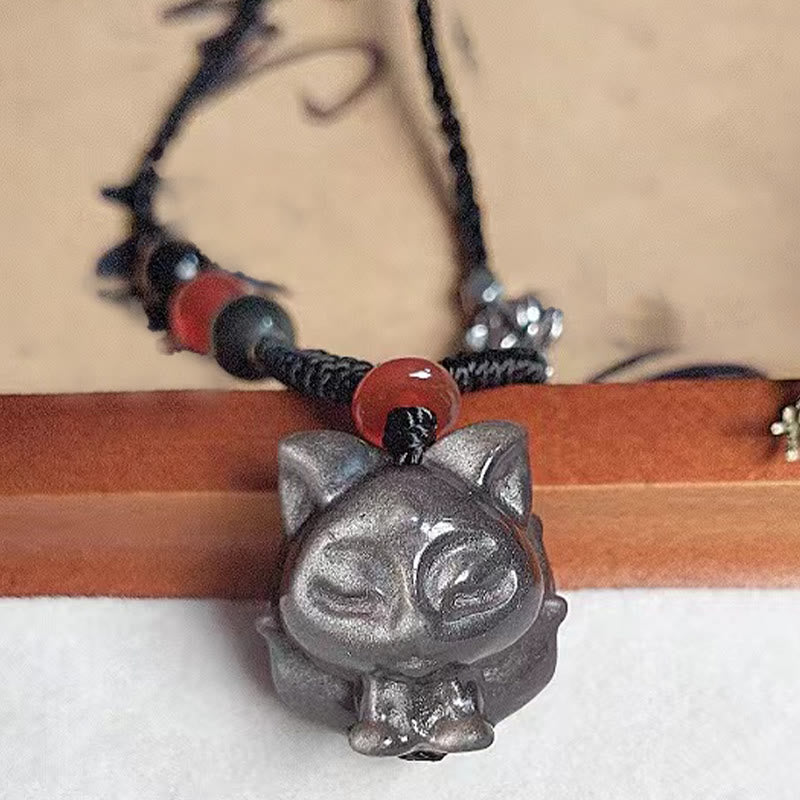 Collana con ciondolo di protezione a forma di volpe a nove code in ossidiana lucida d'argento naturale Buddha Stones