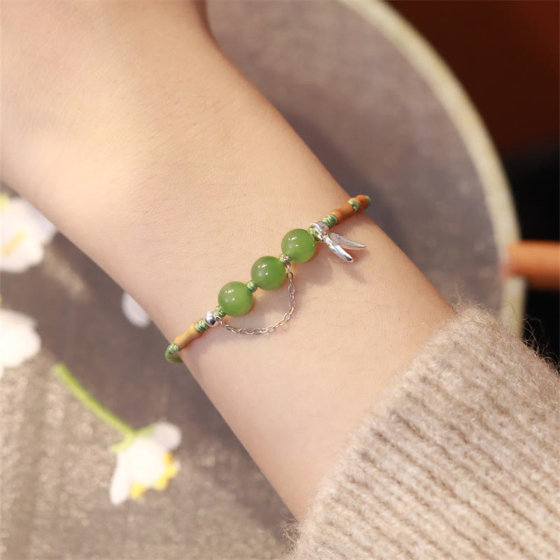 Bracciale intrecciato con perline di giada e calcedonio di Hetian, foglie di bambù, argento sterling 925, Buddha Stones - Giada Hetian (circonferenza del polso: 16-17 cm) - image 1