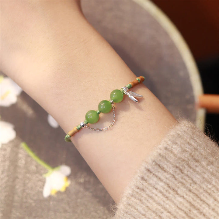Bracciale intrecciato con perline di giada e calcedonio di Hetian, foglie di bambù, argento sterling 925, Buddha Stones - Giada Hetian (circonferenza del polso: 16-17 cm) - image 1