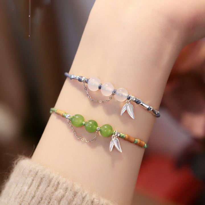 Bracciale intrecciato con perline di giada e calcedonio di Hetian, foglie di bambù, argento sterling 925, Buddha Stones - image 2