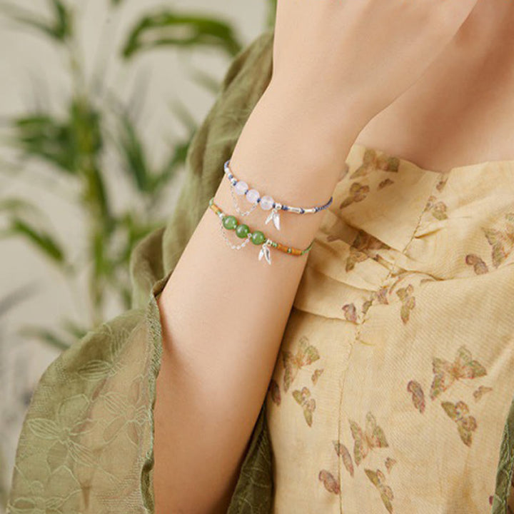 Bracciale intrecciato con perline di giada e calcedonio di Hetian, foglie di bambù, argento sterling 925, Buddha Stones - image 9