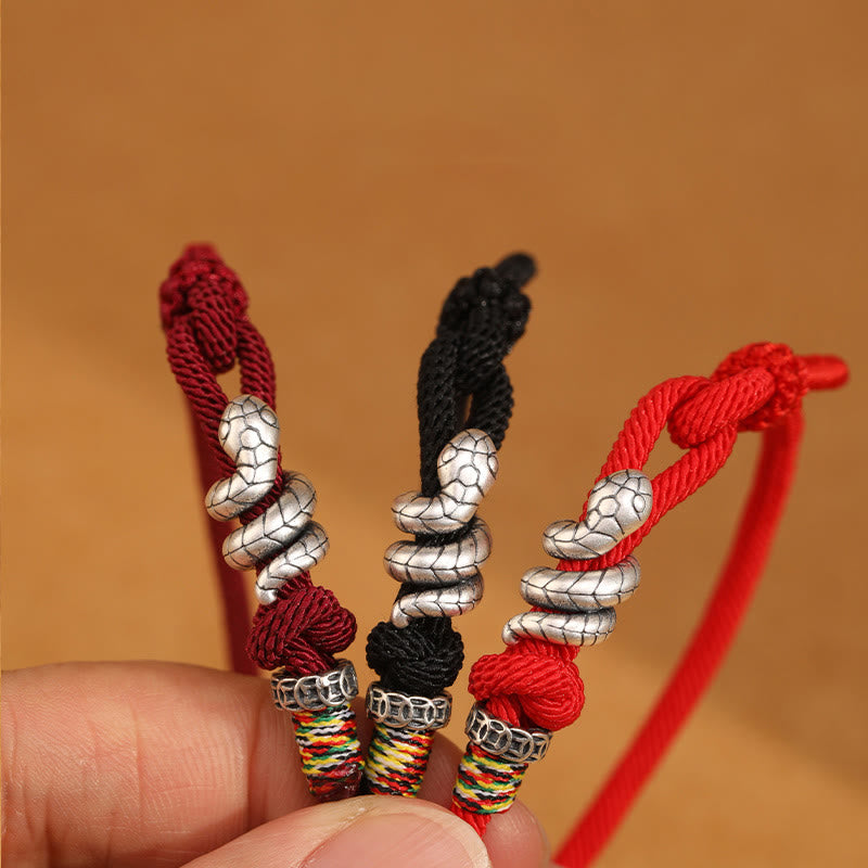 Buddha Stones Anello con moneta dell'anno del serpente in argento sterling 925 con corda rossa Braccialetto portafortuna a forma di serpente - image 1