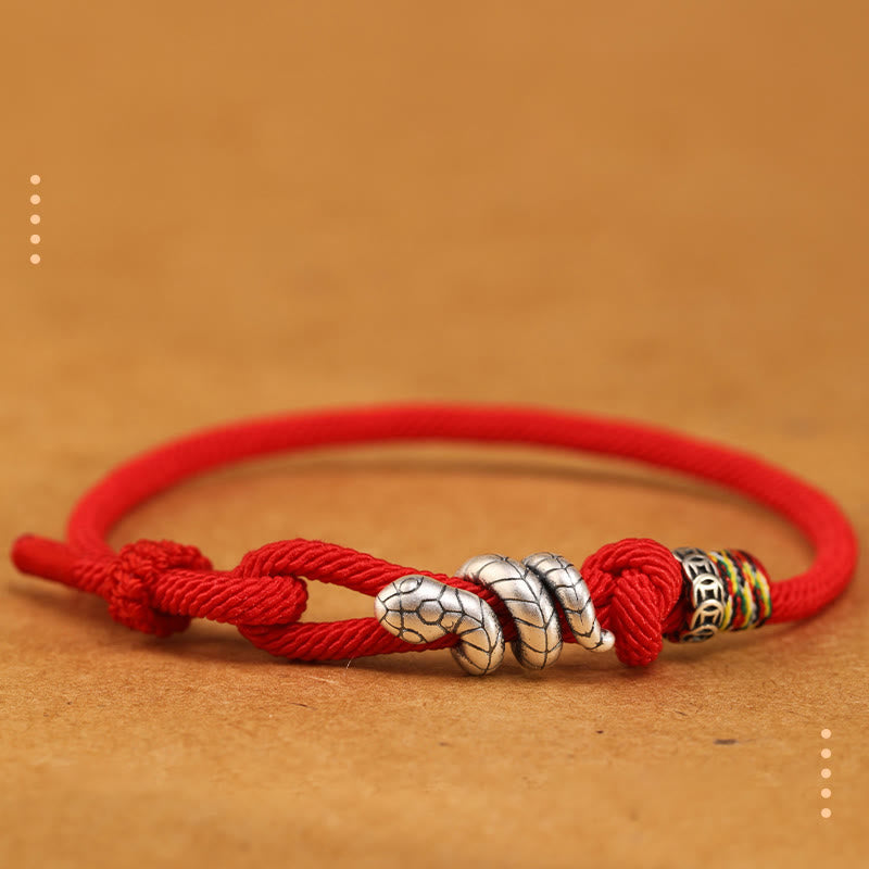 Buddha Stones Anello con moneta dell'anno del serpente in argento sterling 925 con corda rossa Braccialetto portafortuna a forma di serpente - Rosso - 18-20 cm - image 13