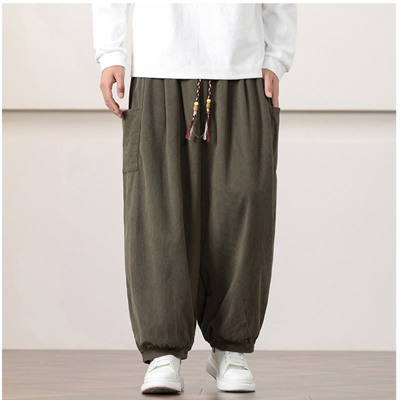 Pantaloni harem da uomo in velluto a coste tinta unita con coulisse e tasche Buddha Stones - image 1