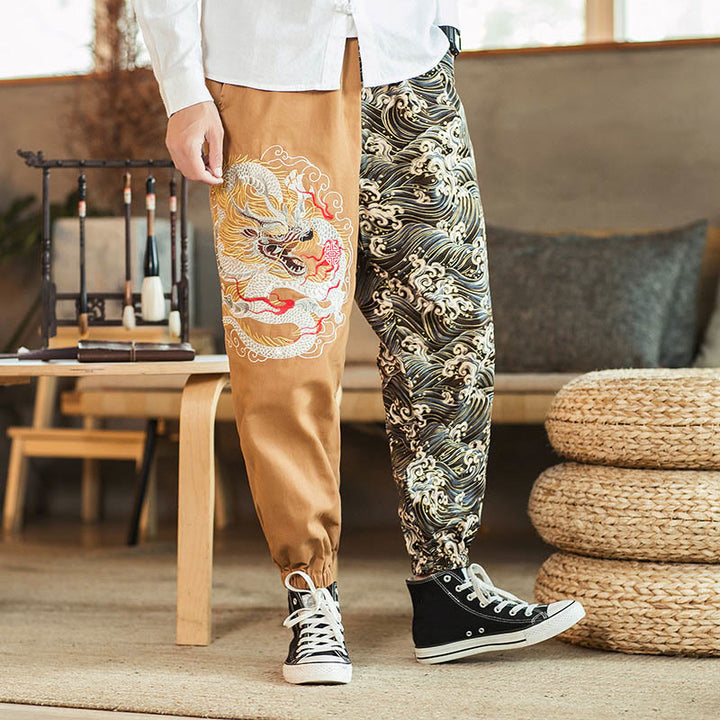 Pantaloni da uomo bicolore con tasche e motivo a drago Buddha Stones - Cachi - US/UK/AU46, EU56 (5XL) - image 6