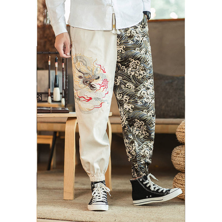 Pantaloni da uomo bicolore con tasche e motivo a drago Buddha Stones - image 9