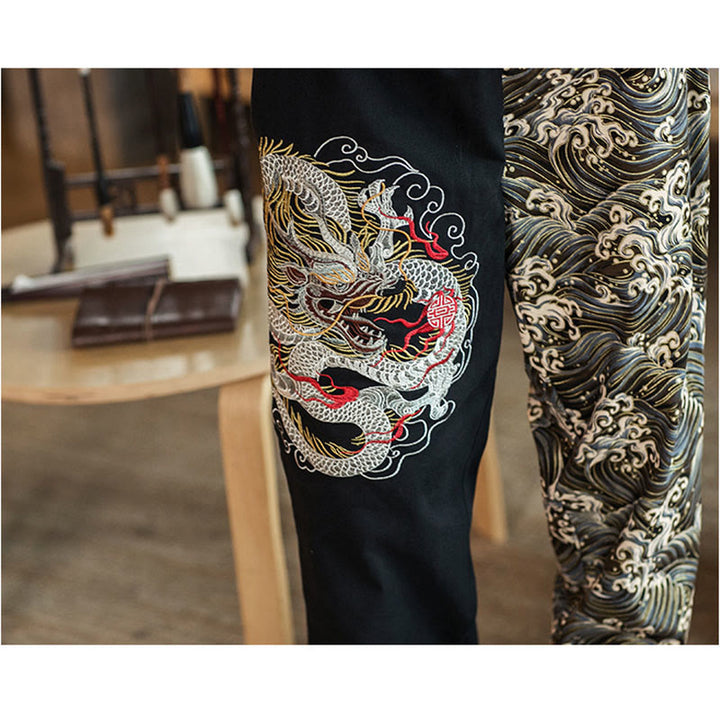 Pantaloni da uomo bicolore con tasche e motivo a drago Buddha Stones - image 3