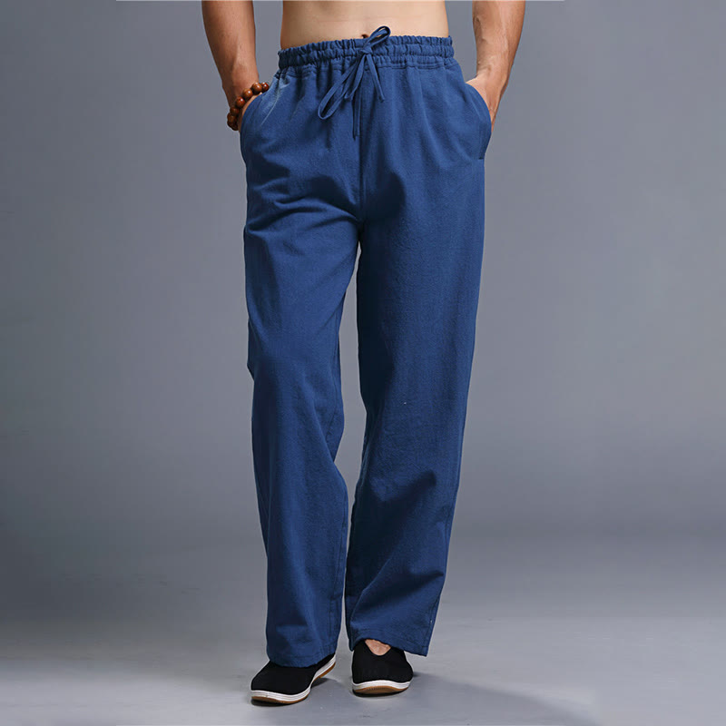 Pantaloni da uomo in lino con coulisse, casual, tinta unita , Buddha Stones, con tasche - Marina - US/UK/AU38, EU48 (XL) - image 19