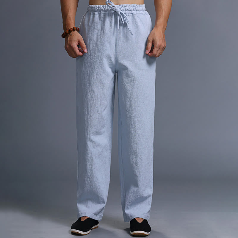Pantaloni da uomo in lino con coulisse, casual, tinta unita , Buddha Stones, con tasche - Blu acciaio chiaro - US/UK/AU38, EU48 (XL) - image 31