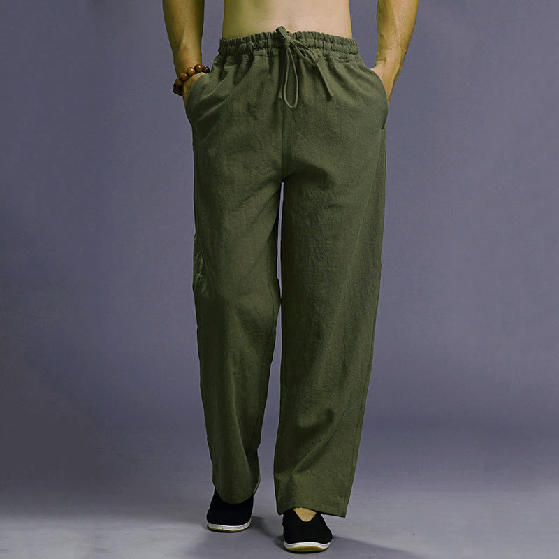 Pantaloni da uomo in lino con coulisse, casual, tinta unita , Buddha Stones, con tasche - Verde studentesco - US/UK/AU38, EU48 (XL) - image 39