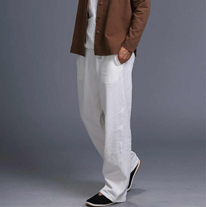Pantaloni da uomo in lino con coulisse, casual, tinta unita , Buddha Stones, con tasche - image 9