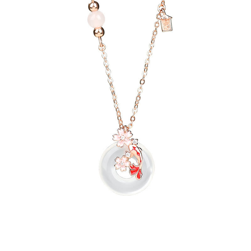 Buddha Stones Calcedonio Cristallo rosa Argento Sterling 925 Fiori Pesce Koi Fibbia della pace Collana pendente positivo - image 2