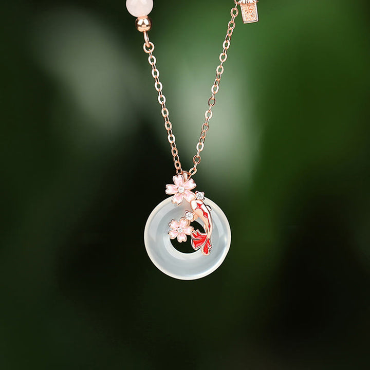 Buddha Stones Calcedonio Cristallo rosa Argento Sterling 925 Fiori Pesce Koi Fibbia della pace Collana pendente positivo - Calcedonio in argento sterling 925 - image 0