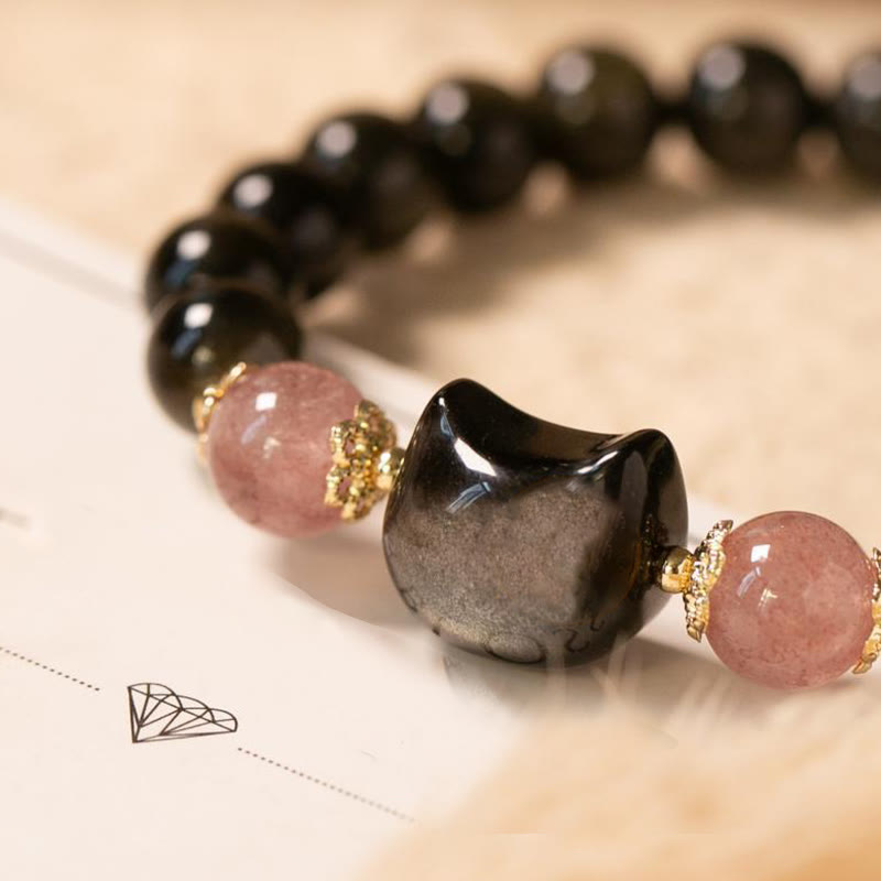 Buddha Stones Ossidiana nera Perle di quarzo fragola Argento Ossidiana lucente Braccialetto di forza con testa di gatto - image 3