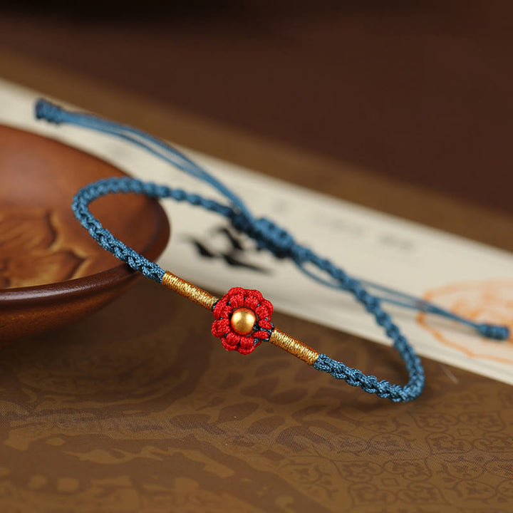 Braccialetto di corda di protezione della fortuna con design a fiori fatto a mano con perline in oro 999 Buddha Stones - Perlina da 4 mm azzurro chiaro (circonferenza polso 14-18 cm) - image 9