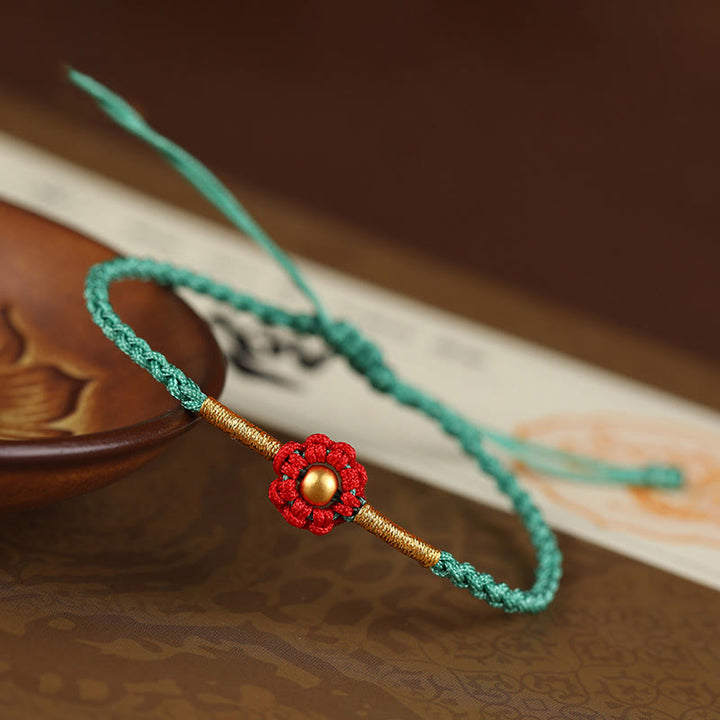 Braccialetto di corda di protezione della fortuna con design a fiori fatto a mano con perline in oro 999 Buddha Stones - Perlina verde da 4 mm (circonferenza del polso 14-18 cm) - image 12