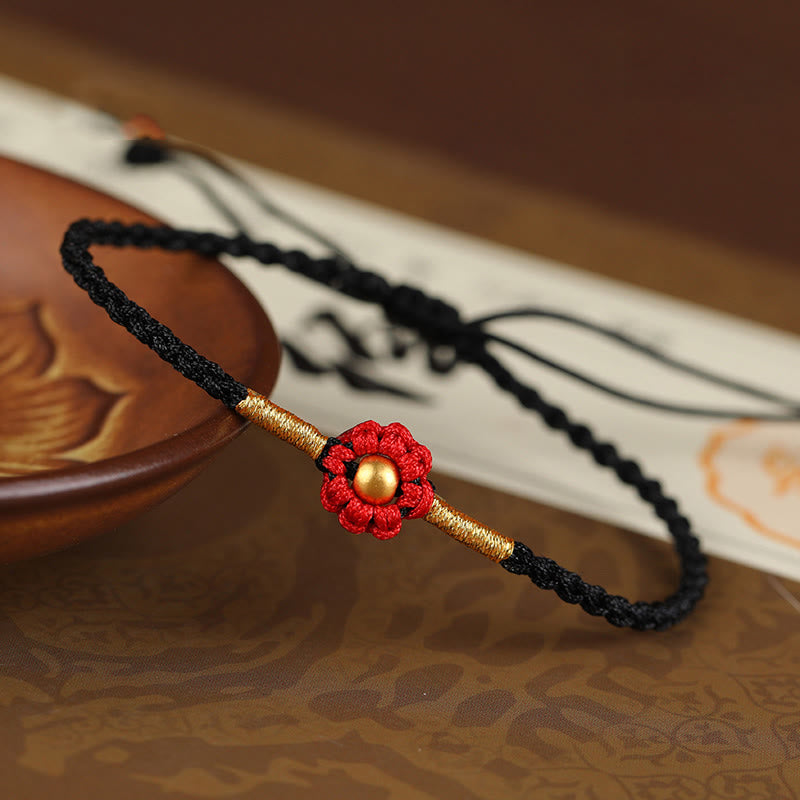 Braccialetto di corda di protezione della fortuna con design a fiori fatto a mano con perline in oro 999 Buddha Stones - Perlina nera da 4 mm (circonferenza polso 14-18 cm) - image 14