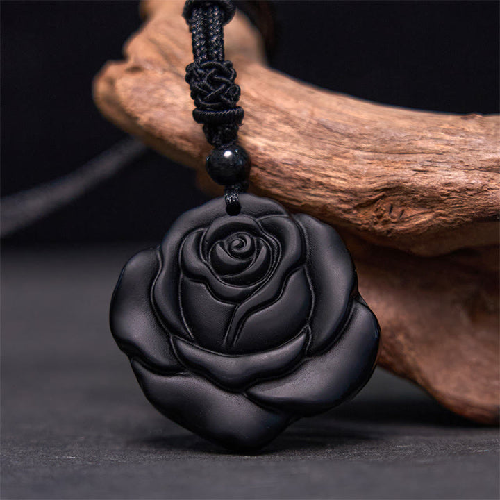 Collana con ciondolo di purificazione di rosa nera con corda di ossidiana nera Buddha Stones