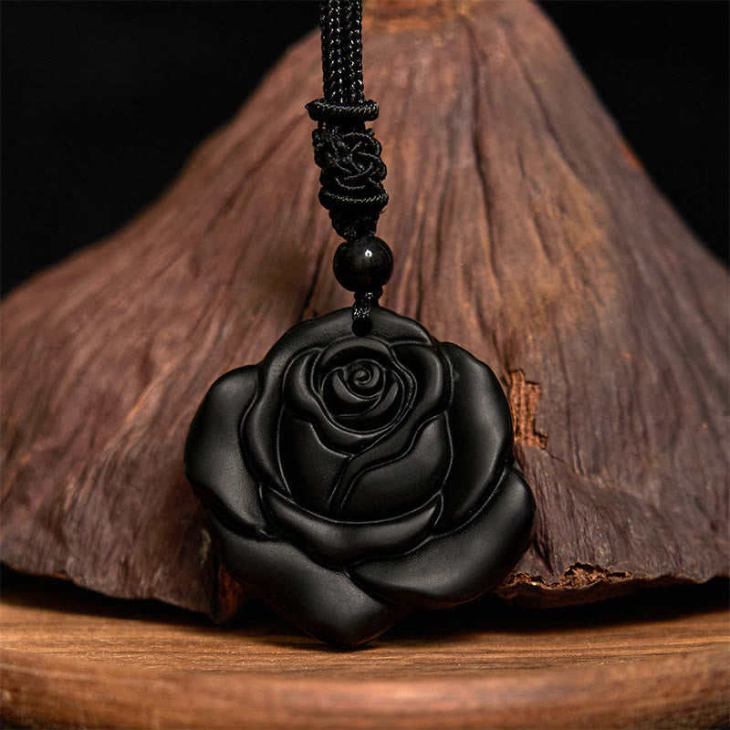 Collana con ciondolo di purificazione di rosa nera con corda di ossidiana nera Buddha Stones