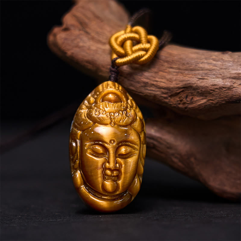Buddha Stones Occhio di Tigre Kwan Yin Avalokitesvara Testa Corda Forza Collana Pendente