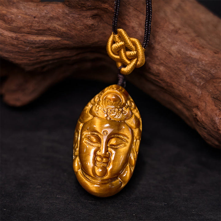 Buddha Stones Occhio di Tigre Kwan Yin Avalokitesvara Testa Corda Forza Collana Pendente