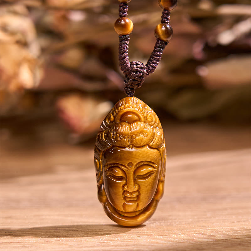 Buddha Stones Occhio di Tigre Kwan Yin Avalokitesvara Testa Corda Forza Collana Pendente