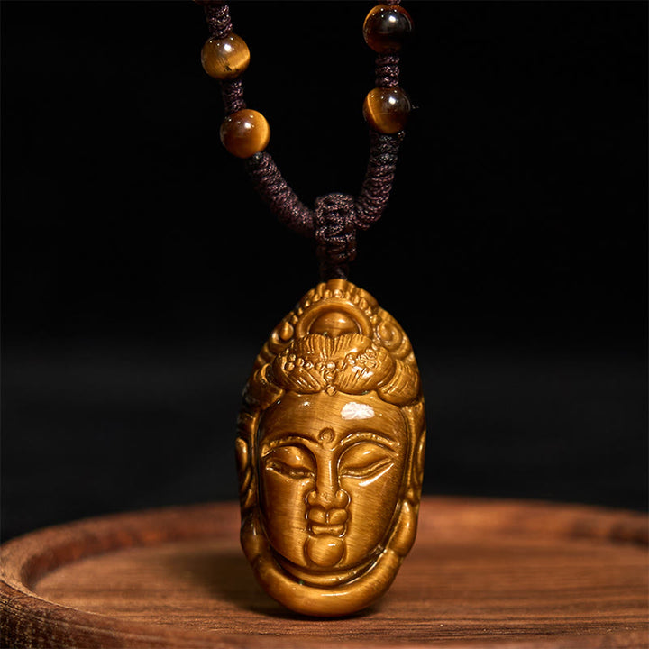 Buddha Stones Occhio di Tigre Kwan Yin Avalokitesvara Testa Corda Forza Collana Pendente