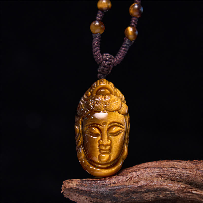 Buddha Stones Occhio di Tigre Kwan Yin Avalokitesvara Testa Corda Forza Collana Pendente