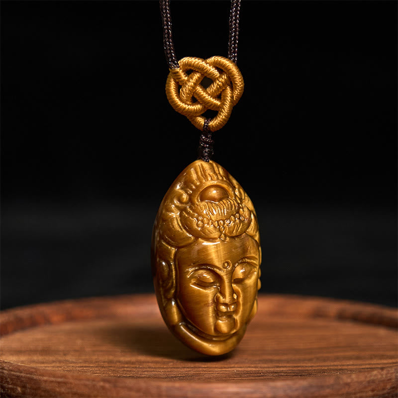 Buddha Stones Occhio di Tigre Kwan Yin Avalokitesvara Testa Corda Forza Collana Pendente