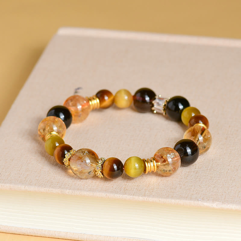 Braccialetto della prosperità in cristallo Duobao con occhio di tigre, quarzo fumé naturale citrino Buddha Stones