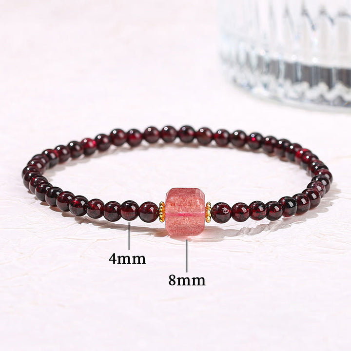 Braccialetto di protezione con perline quadrate in quarzo fragola, granato, cinabro , Buddha Stones
