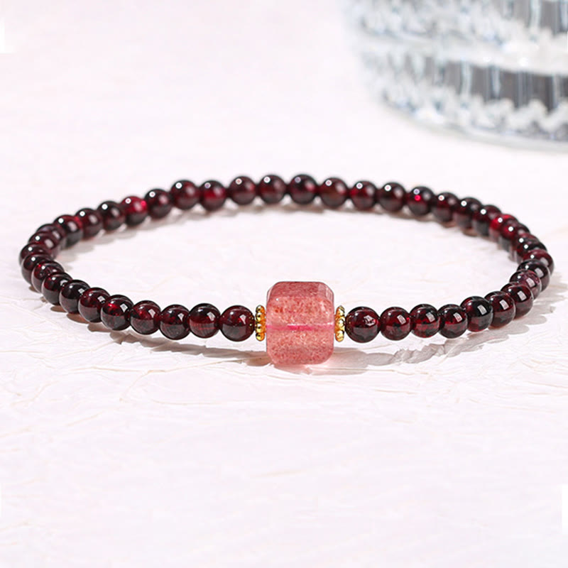 Braccialetto di protezione con perline quadrate in quarzo fragola, granato, cinabro , Buddha Stones