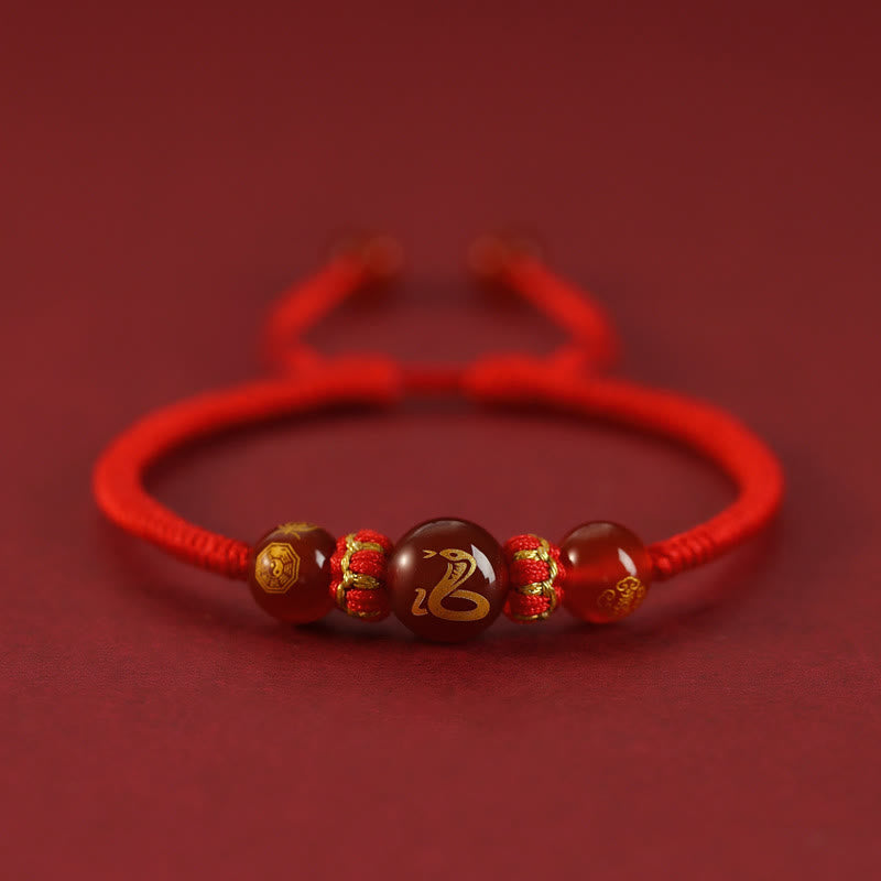 Braccialetto di protezione intrecciato con corda rossa in agata rossa fatto a mano con zodiaco cinese Buddha Stones - Agata rossa Zodiaco cinese - Serpente - image 0