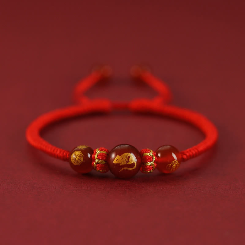 Braccialetto di protezione intrecciato con corda rossa in agata rossa fatto a mano con zodiaco cinese Buddha Stones - Agata rossa - Zodiaco cinese - Topo - image 1