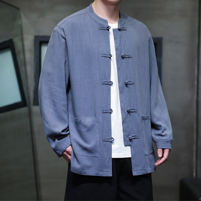 Buddha Stones Casual Tinta Unita Rana-bottoni Lino Giacca Camicia Uomo Con Tasche - image 7