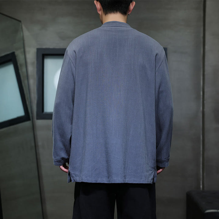 Buddha Stones Casual Tinta Unita Rana-bottoni Lino Giacca Camicia Uomo Con Tasche - image 4