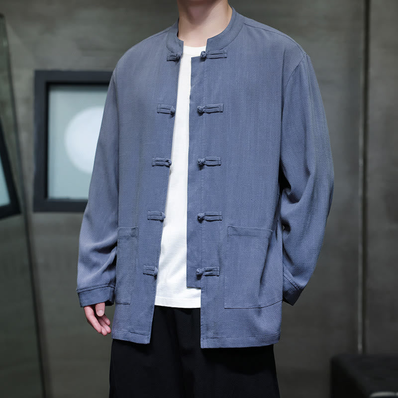 Buddha Stones Casual Tinta Unita Rana-bottoni Lino Giacca Camicia Uomo Con Tasche - image 1