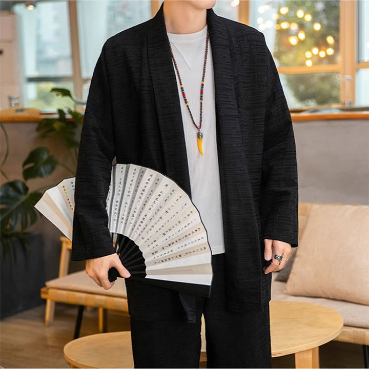 Cappotto da uomo di media lunghezza in misto lino semplice e ampio, modello Buddha Stones Fall - image 8