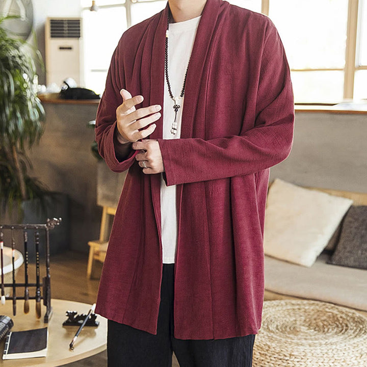 Buddha Stones Autunno Semplice Casual Cotone Lino Uomo Cappotto di media lunghezza Abbigliamento - Rosso scuro - US/UK/AU42, EU52 (3XL) - image 0