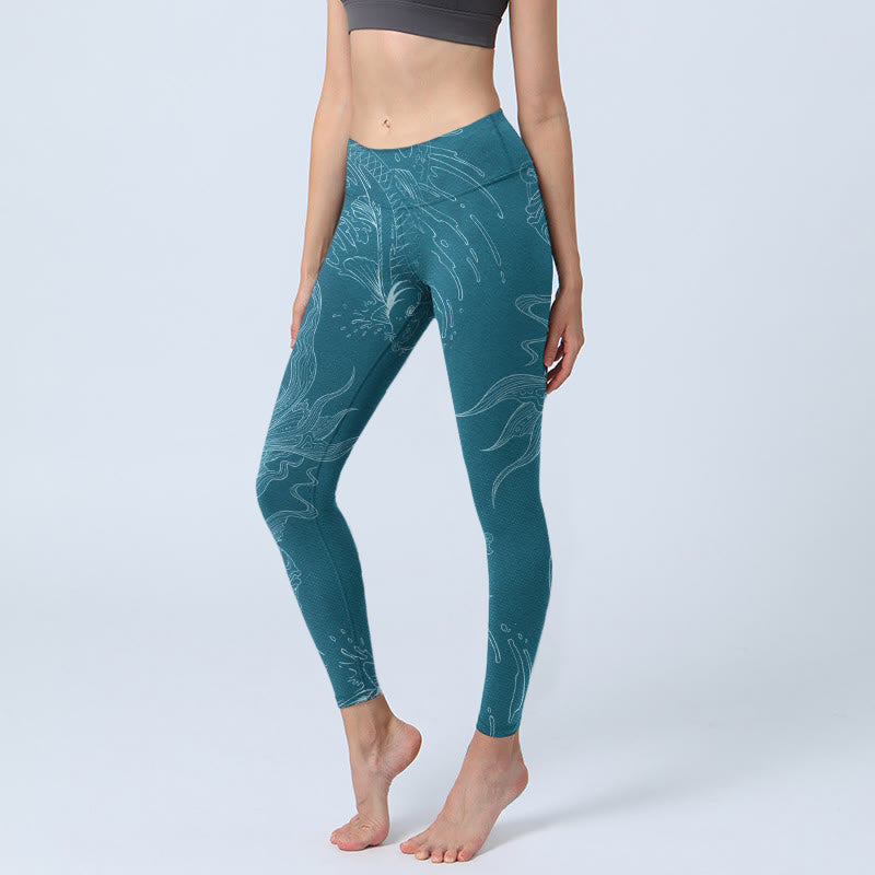 Leggings da palestra con stampa Buddha Stones Blue Koi Fish Flowing Waves, pantaloni da yoga da donna - Cadetto Blu - US18, UK/AU22, EU50 (4XL) - image 0