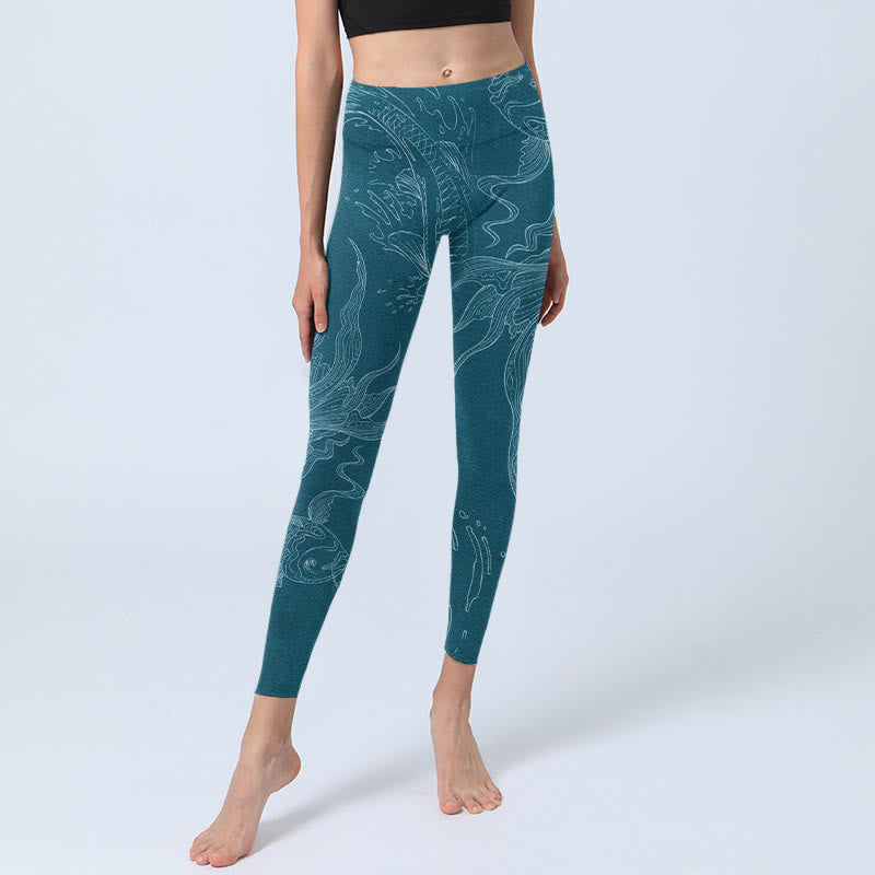 Leggings da palestra con stampa Buddha Stones Blue Koi Fish Flowing Waves, pantaloni da yoga da donna - image 5