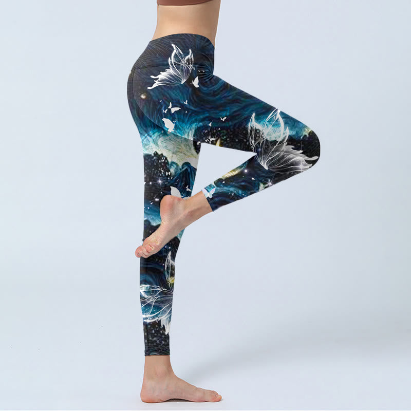 Leggings da palestra con stampa Buddha Stones Blue Butterfly Water Waves Moon Pantaloni da yoga da donna - image 3