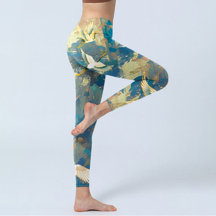 Leggings da palestra con stampa di albero di pino e gru coronata rossa Buddha Stones , pantaloni da yoga da donna - image 3
