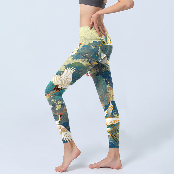 Leggings da palestra con stampa di albero di pino e gru coronata rossa Buddha Stones , pantaloni da yoga da donna - image 2
