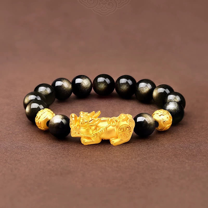 Braccialetto della ricchezza PiXiu Om Mani Padme Hum in ossidiana naturale lucidata in oro Buddha Stones