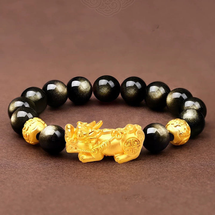 Braccialetto della ricchezza PiXiu Om Mani Padme Hum in ossidiana naturale lucidata in oro Buddha Stones