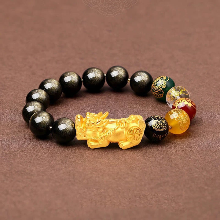 Buddha Stones Natural Gold Sheen Ossidiana PiXiu Cinque Direzioni Braccialetto di Protezione degli Dei della Ricchezza